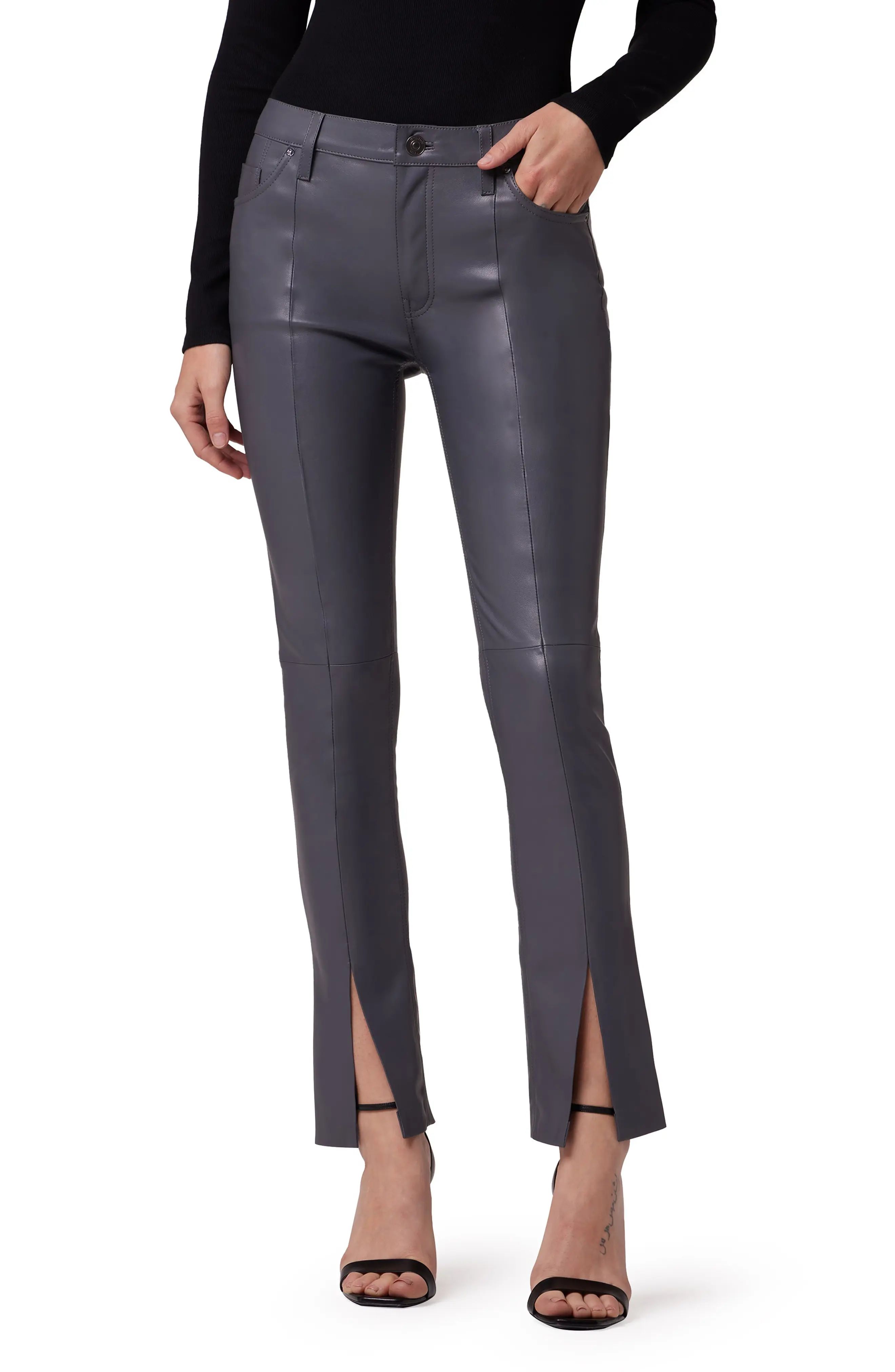 Hudson Jeans Barbara High Waist Split Hem Faux Leather Pants in Dark Grey at Nordstrom, Size 28 | Nordstrom