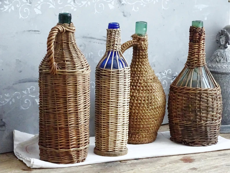 European Wicker Demijohn, Old Woven Basket Wrapp Demijohn, Green Blue Glass Bottle, Carboy, Wine ... | Etsy (US)
