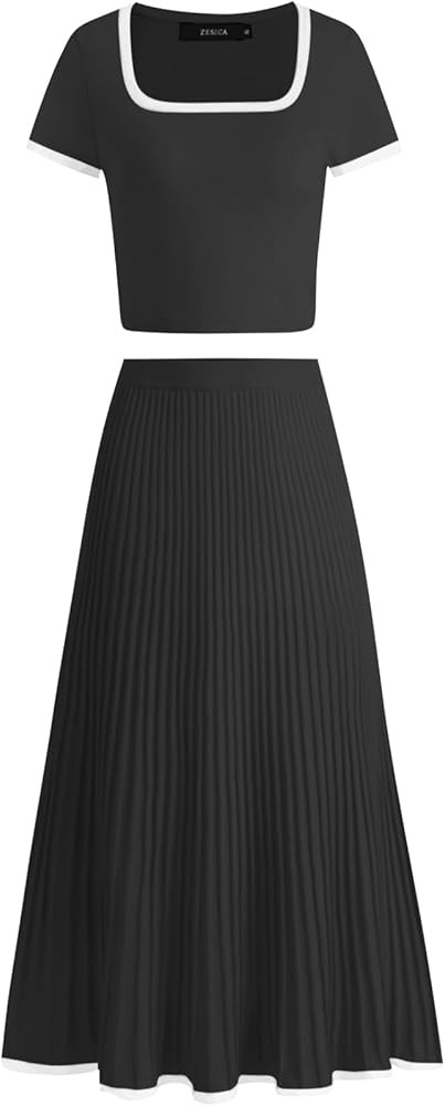 ZESICA Womens Casual Two Piece Skirt Sets Ribbed Knit Short Sleeve Crop Top and Pleated Skirts Ma... | Amazon (US)