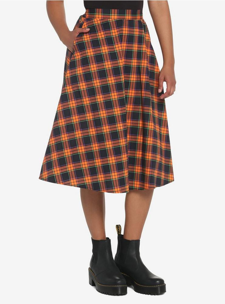 Orange & Black Plaid Retro Midi Skirt | Hot Topic