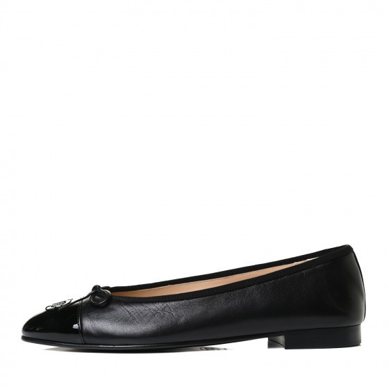 CHANEL Lambskin Patent Cap Toe Ballerina Flats 39.5 Black | Fashionphile