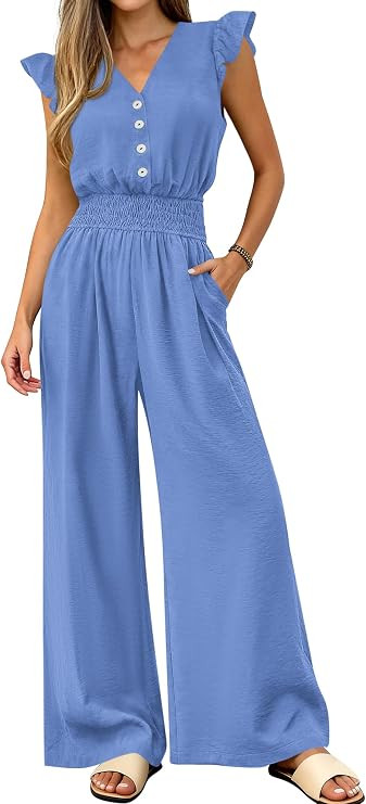 dowerme Women's Jumpsuits Dressy Casual 2026 Summer Ruffle Cap Sleeve V Neck Button Smocked Rompe... | Amazon (US)