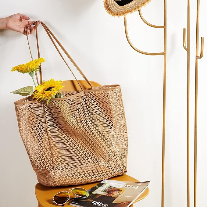 KALIDI Beach Mesh Tote Bag, Casual Tote Bag Hobo Women Foldable MAX 23L Shoulder Bag For Beach Pi... | Amazon (US)