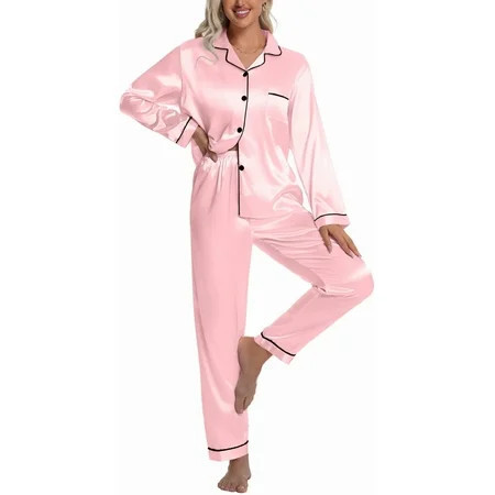 DAKIMOE Sleepwear Womens Silky Satin Pajamas Set Long Sleeve Nightwear Loungewear Pink L | Walmart (US)
