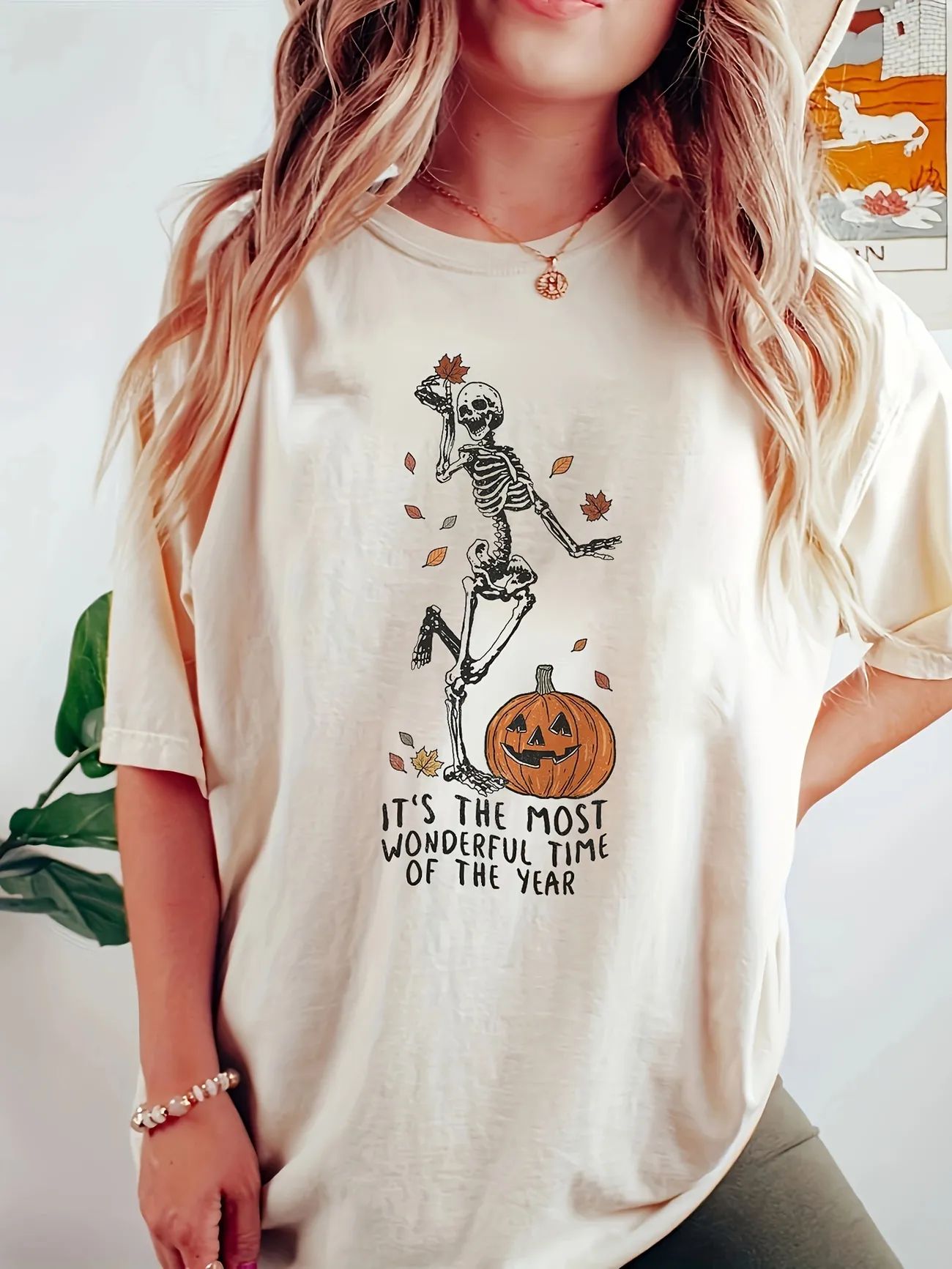 Skeleton & Pumpkin Print Crew Neck T-shirt, Casual Short Sleeve Top For Spring & Summer, Women's ... | Temu Affiliate Program