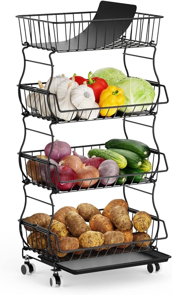 Onion and Potato Storage, Packism 4 Tier Fruit Vegetable Storage Basket with Protective Mats, Rol... | Amazon (US)