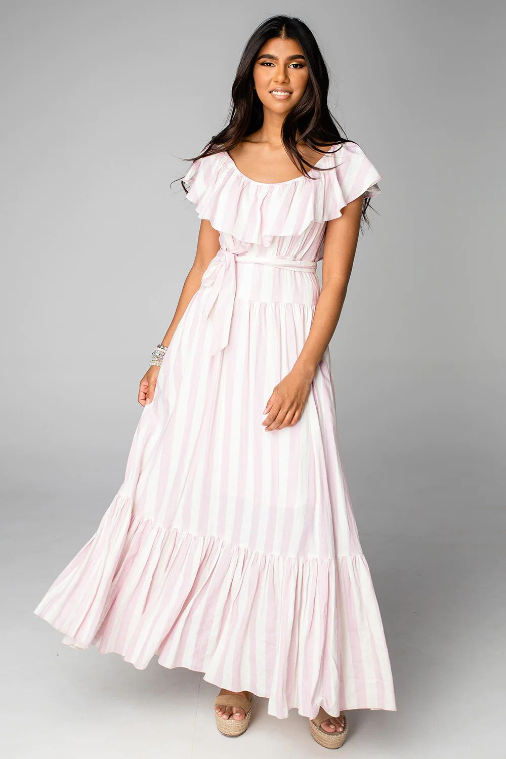 Heather Ruffled Bust Maxi Dress - Pink Stripe | BuddyLove