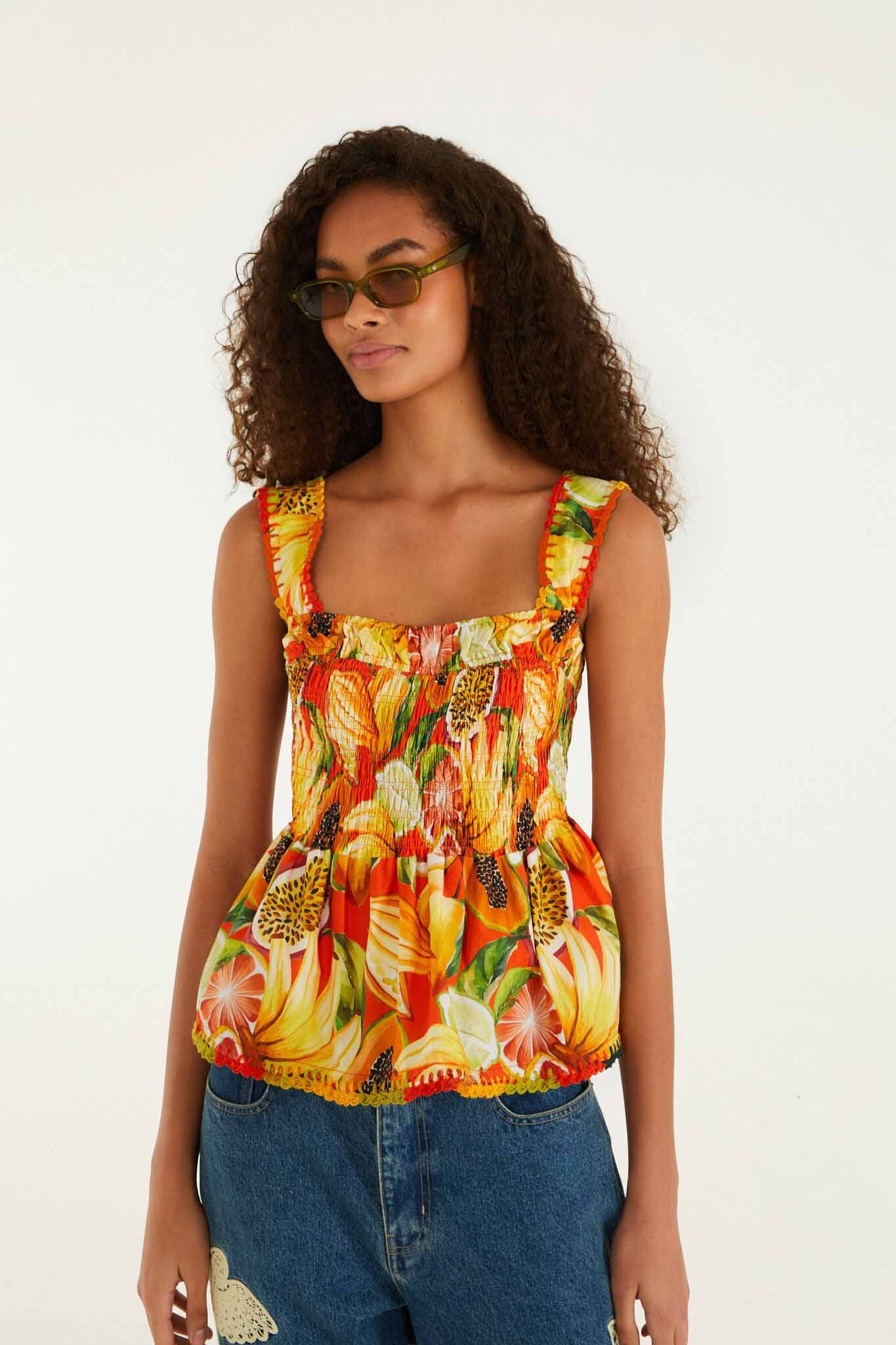 Red Fruit Garden Smocked Crochet Details Blouse | Farm Rio UK