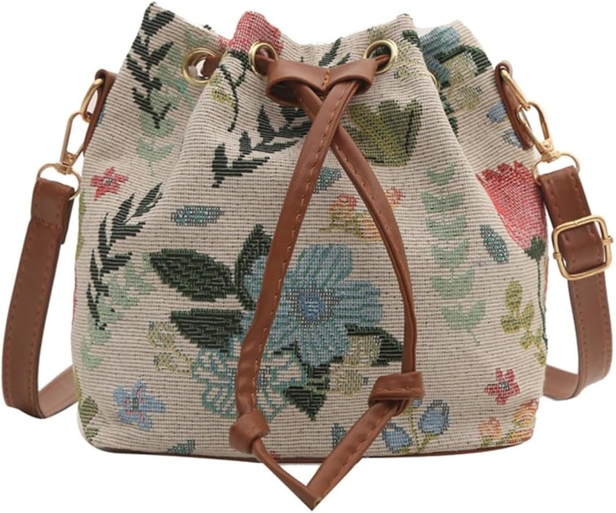 Women Canvas Shoulder Bag Ethnic Styles Bucket Bag Drawstring Crossbody Bag | Amazon (US)