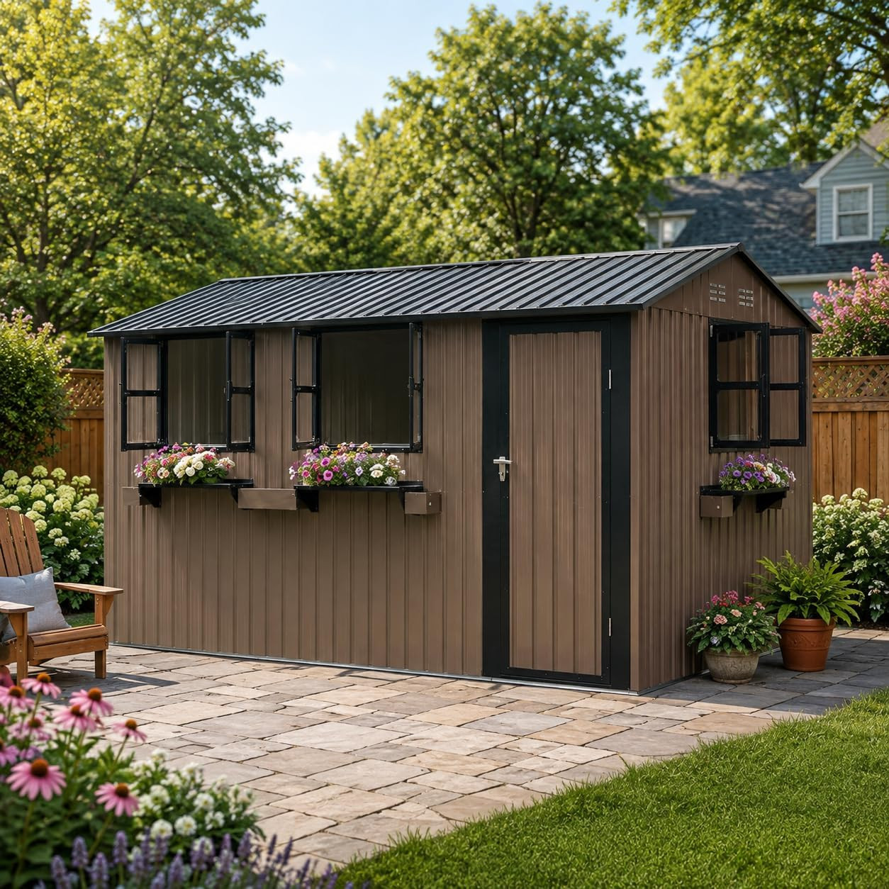 12x10 FT Outdoor Metal Storage Shed with 3 Clear Windows, Cottage Style She Shed for Backyard Garden, Lockable Door, Heavy Duty Steel Tool & Bike Storage Shed, Waterproof Rust Resistant, Brown | Amazon (US)