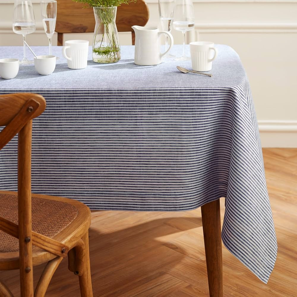 Solino Home Stripe Linen Tablecloth 108" L x 60" W Inch – 100% Pure Linen Navy and White Tablec... | Amazon (US)