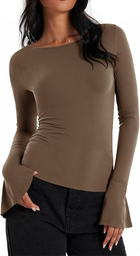 Cicy Bell Womens Long Bell Sleeve Tops Boat Neck Going Out Fitted Shirts Trendy Casual Basic Tees | Amazon (US)