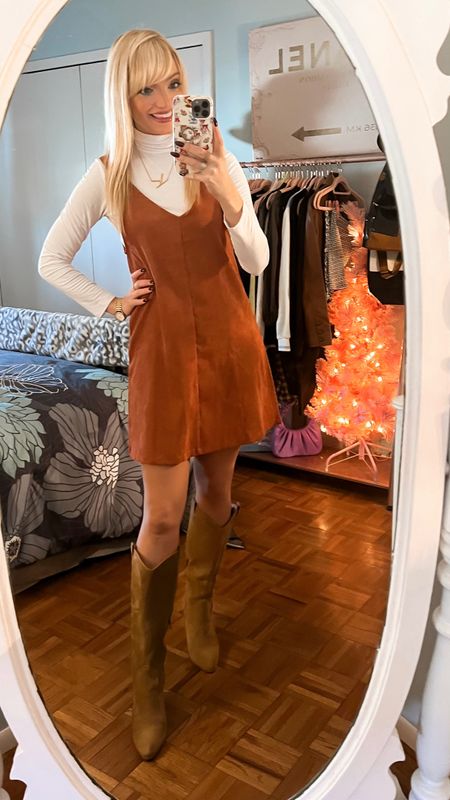Brown pinafore - brown jumper - white cropped turtleneck - camel knee high boots - Amazon Fashion - Amazon finds - wear to work - work outfit - teacher outfit 

#LTKworkwear #LTKSeasonal #LTKunder50
