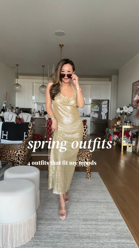 Spring outfits, revolve outfits, gold sequin dress, stripe sweater set, button down and skort, pink faux leather dress, size small or 4. Adidas sambas, clear Schutz heels  

#LTKSeasonal #LTKstyletip