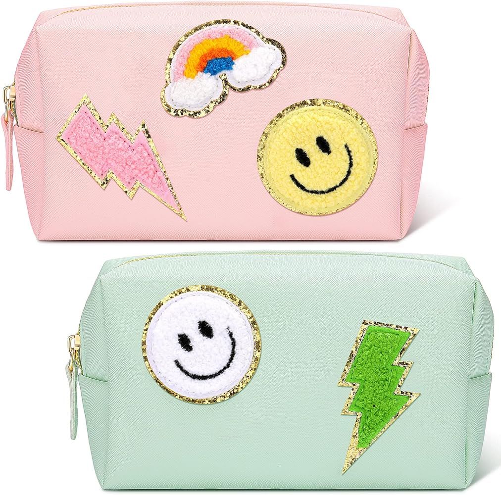 2 Pieces Preppy Patch Small Toiletry Bag Smile Face Bolt Heart Rainbow Waterproof Cosmetic Bag Tr... | Amazon (US)