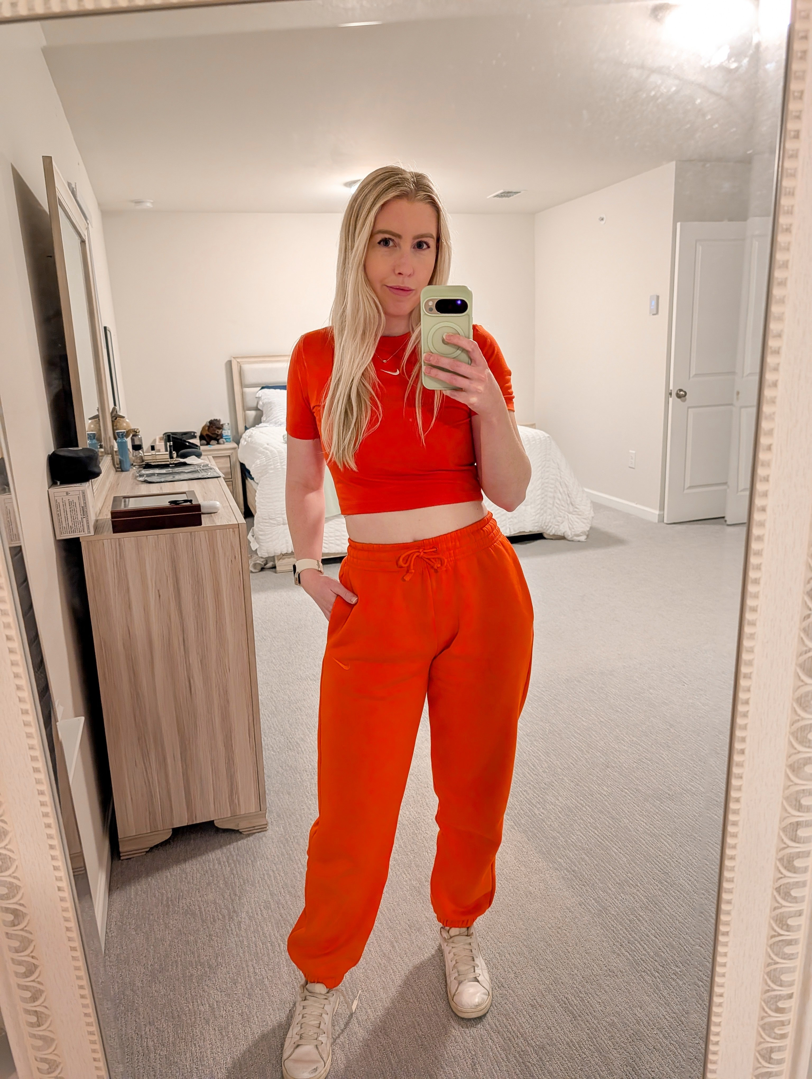 Red Nike matching set for the holidays. Short sleeve cropped tee, high waist fleece lined jogger sweatpants. They're super comfy and make a great Christmas gift.

#LTKGiftGuide #LTKHoliday #LTKActive