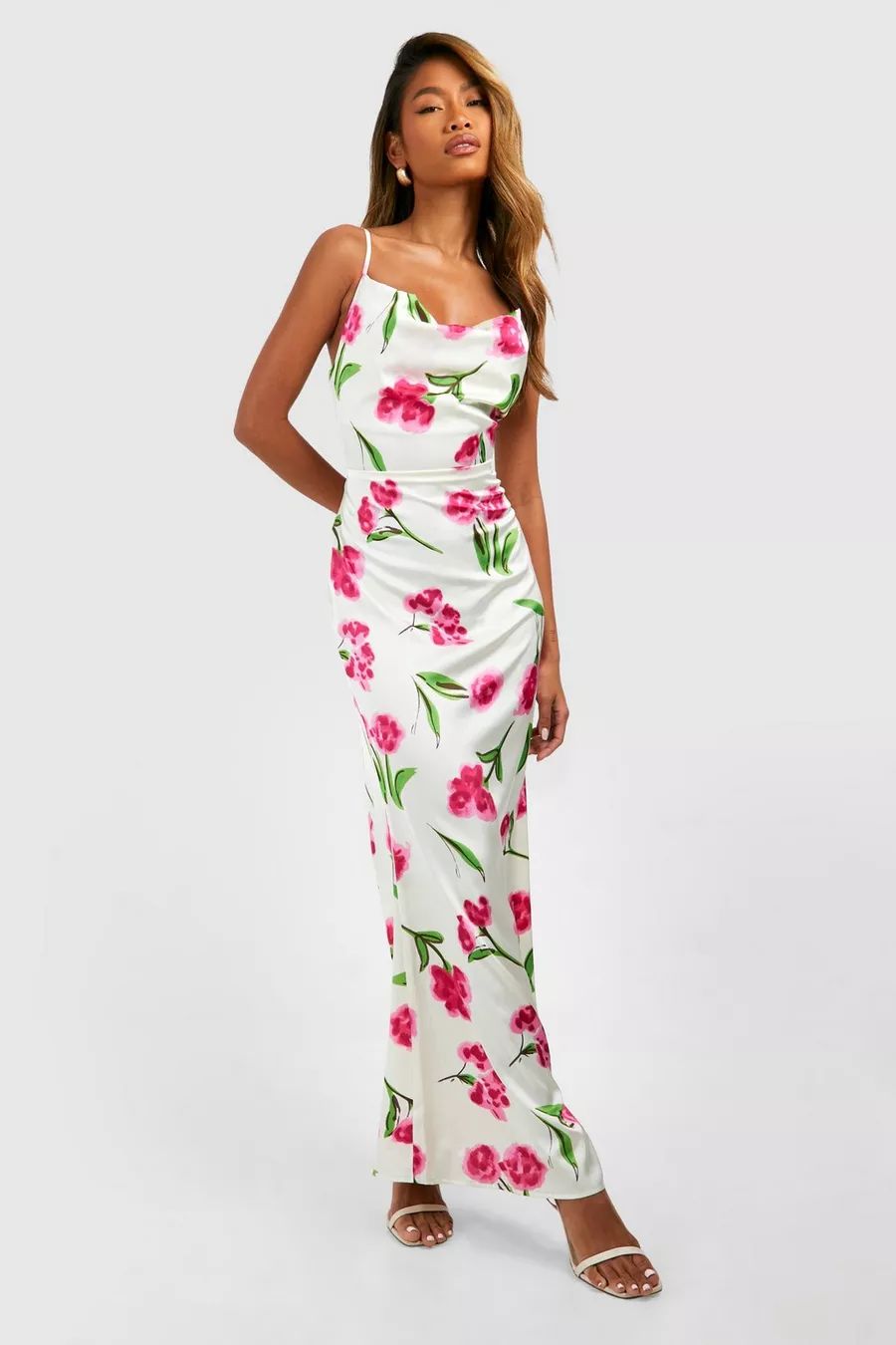 Floral Satin Midi Cowl Slip Dress | boohoo (US & Canada)