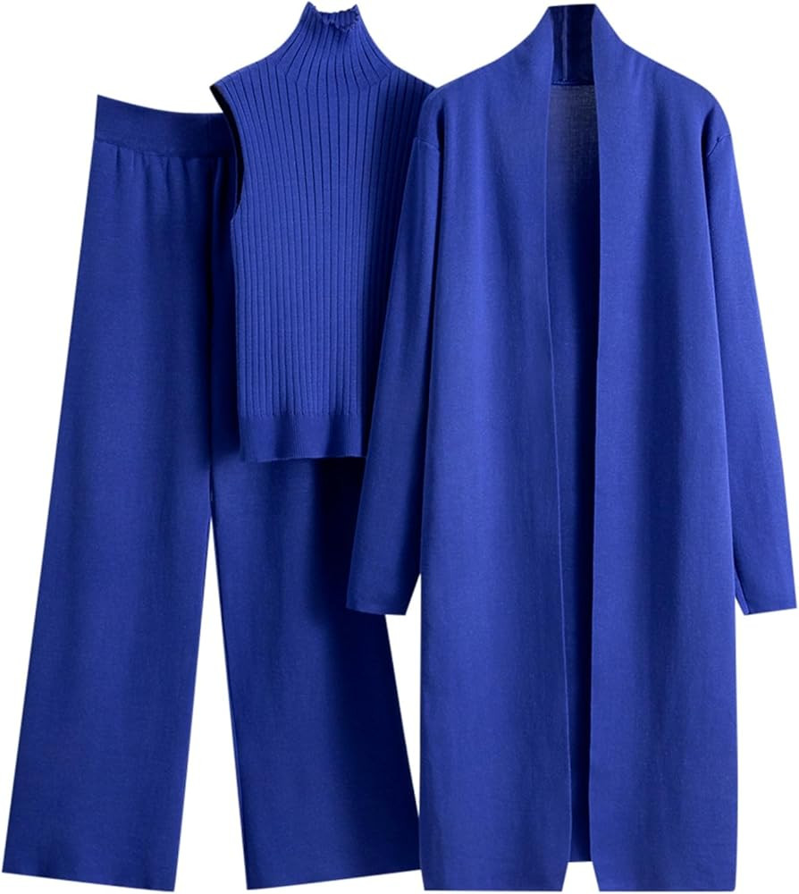Women's 3 Piece Knit Lounge Set, Long Sleeve Cardigan Sleeveless Turtleneck Tank Top and Wide Leg... | Amazon (US)
