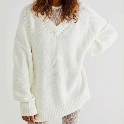 Free People NWOT Alli Optic White Heavy Chunky V-Neck Oversized Slouchy Sweater | eBay US