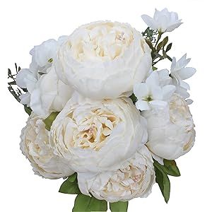 LANIAKEA Artificial White Peonies 4 Pack Silk White Peonies Real Touch Peony Silk Flowers Bouquet fo | Amazon (US)