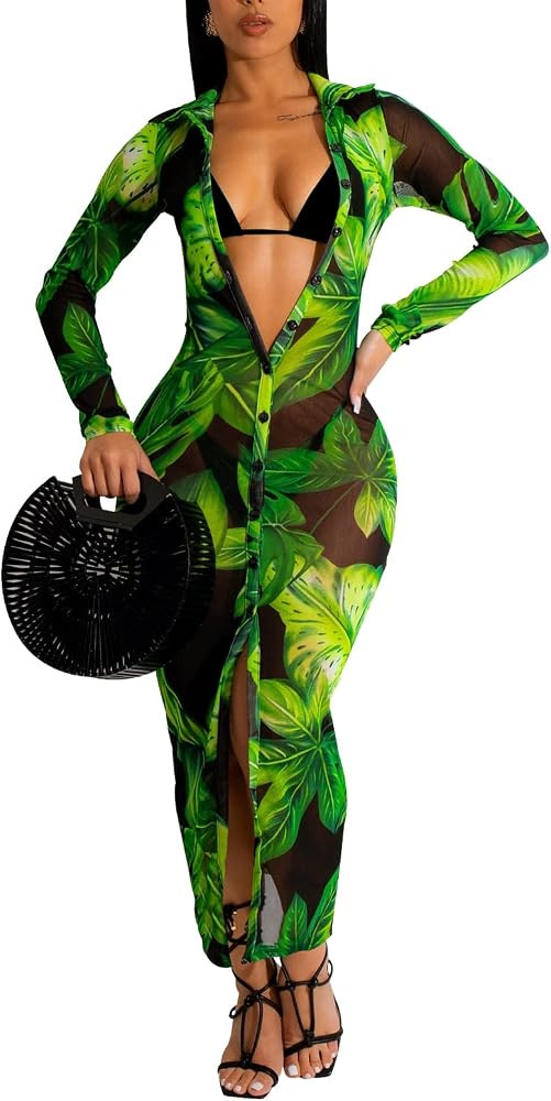 Women's Sheer Mesh Long Sleeve Bodycon Midi Dress Club Night Out Dresses Beach Cover Up Dress | Amazon (US)