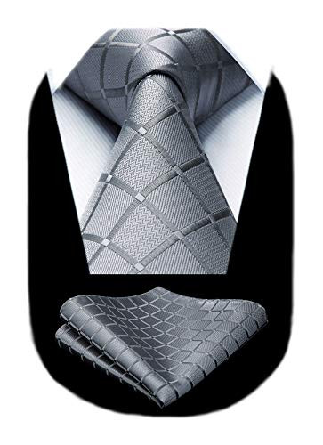 HISDERN Mens Ties for Men Grey Plaid Tie Handkerchief Classic Men's Tie with Pocket Square Set Formal Necktie Silver Gray Wedding Business Ties Set | Amazon (US)