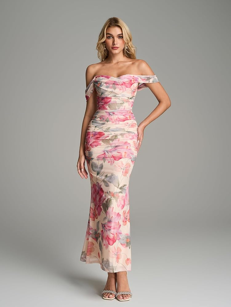 KUTUMAI Off The Shoulder Maxi Long Dress Corset Ruched Bodycon Cocktail Formal Wedding Guest Dres... | Amazon (US)