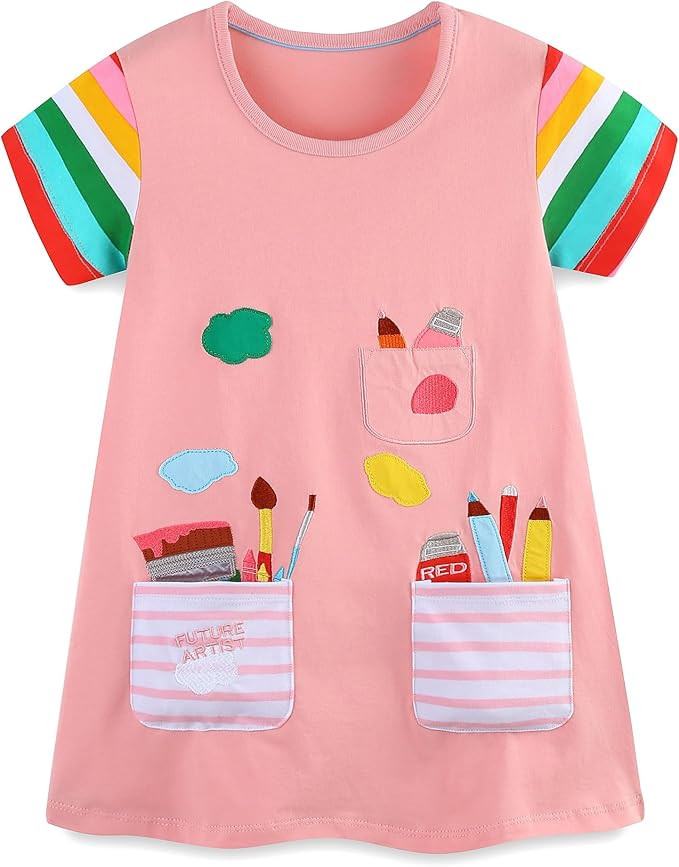 FreeLu Toddler Girls Striped Summer Dress Cartoon Appliques Dresses Girls Cotton Casual Clothing ... | Amazon (US)
