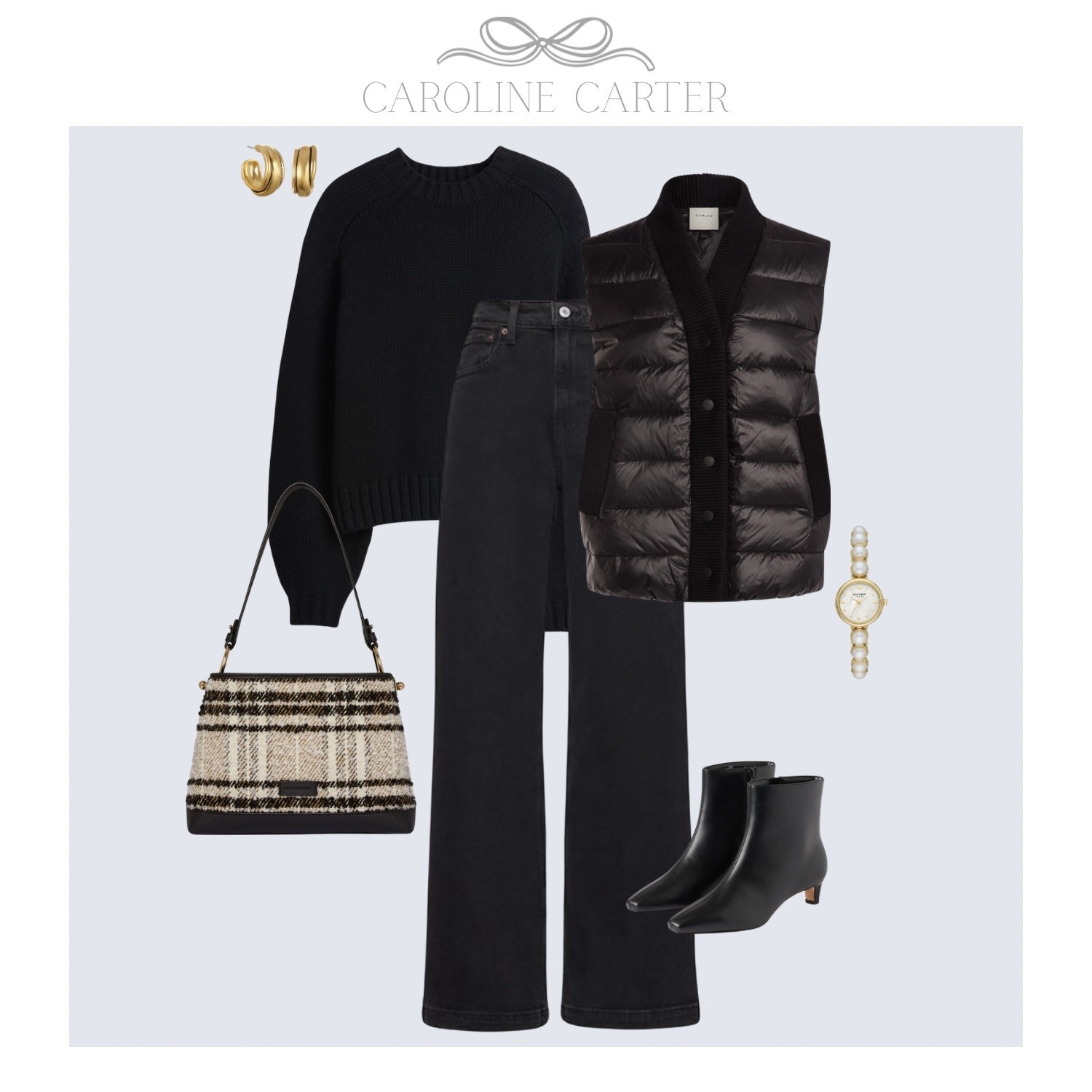 Classic layers for the cold-weather season.

winter outfit, puffer vest look, black sweater outfit, chic winter style, everyday winter look, classic capsule wardrobe, neutral outfit, winter layers, ankle boots outfit, plaid bag, LTK winter fashion, timeless style, elevated basics
