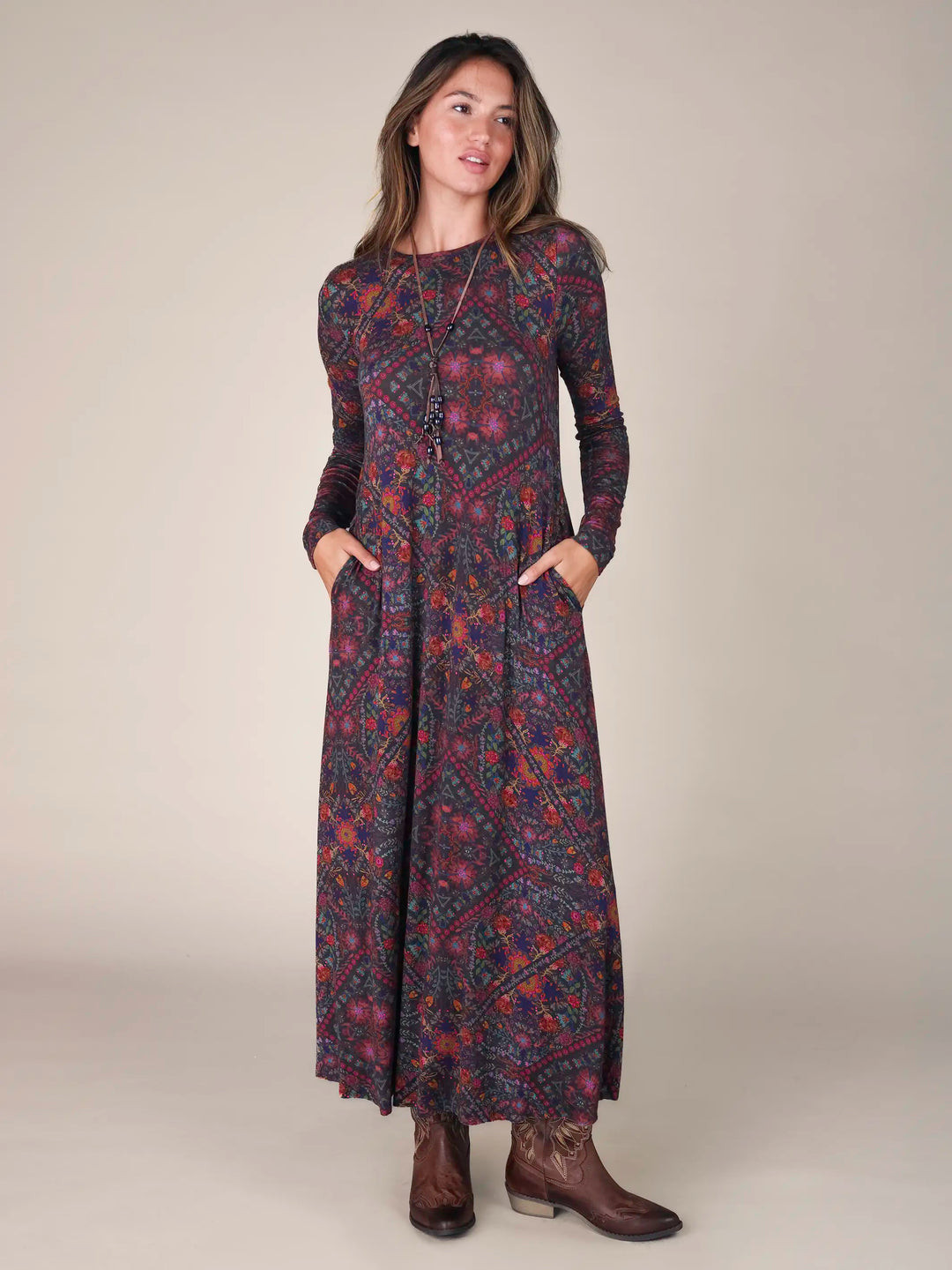 Stevie "ButterSoft" Knit Maxi Dress - Mandala Charcoal Floral | Natural Life