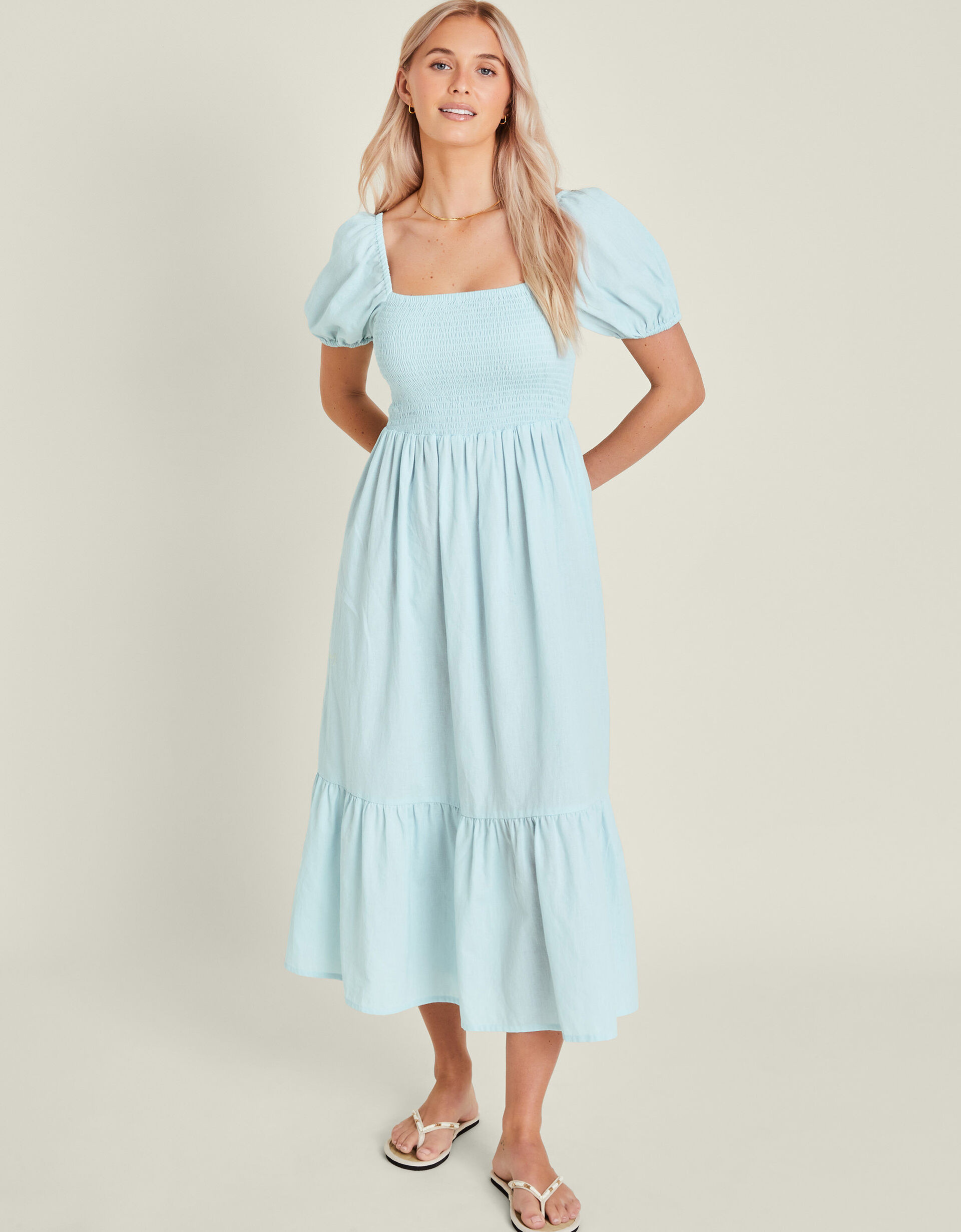 Puff Sleeve Smocked Midi Dress Blue | Accessorize (Global)