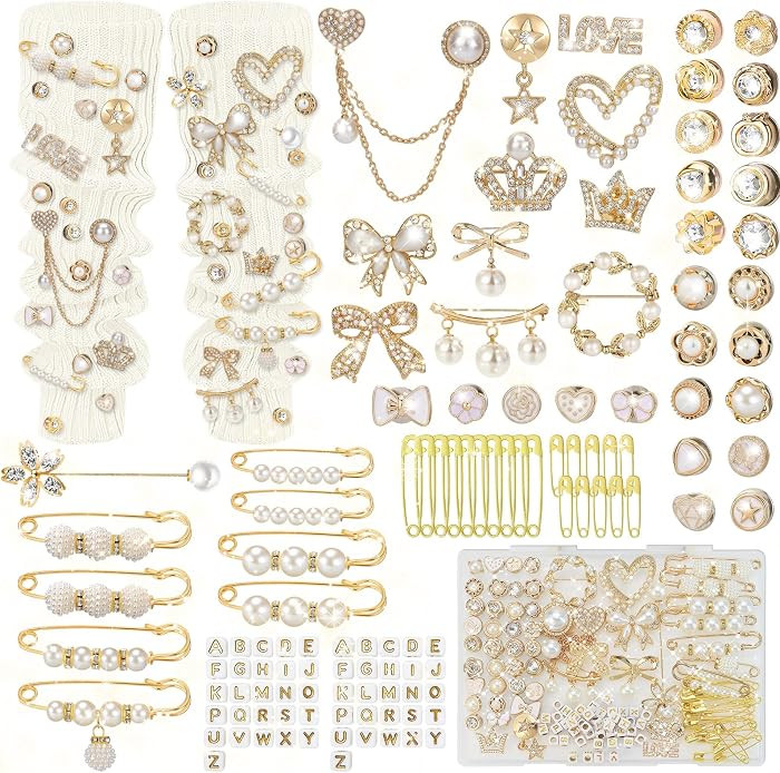 132 Pcs Junk Socks Charms Kit, Brooches and Pins for Women, Shoe Charms with Pearl Safety Pins an... | Amazon (US)