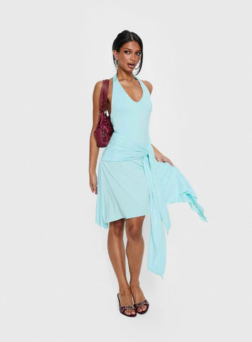 Moonlit Honey Asymmetrical Halter Jersey Midi Dress Turquoise | Princess Polly US