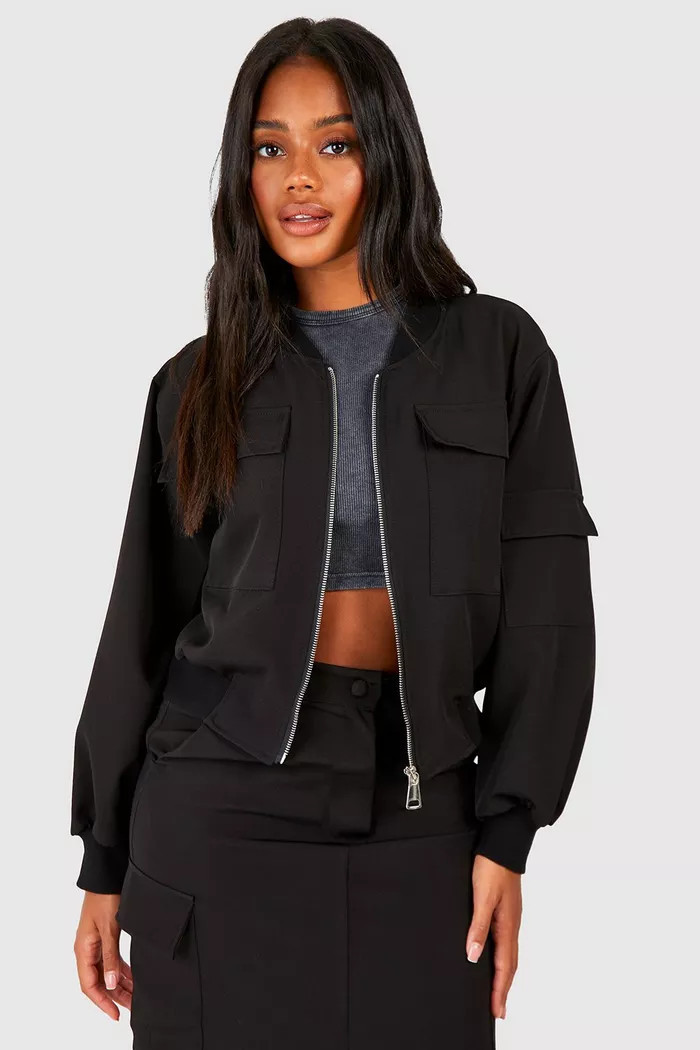 Woven Cargo Pocket Zip Front Bomber Jacket | Boohoo.com (UK & IE)