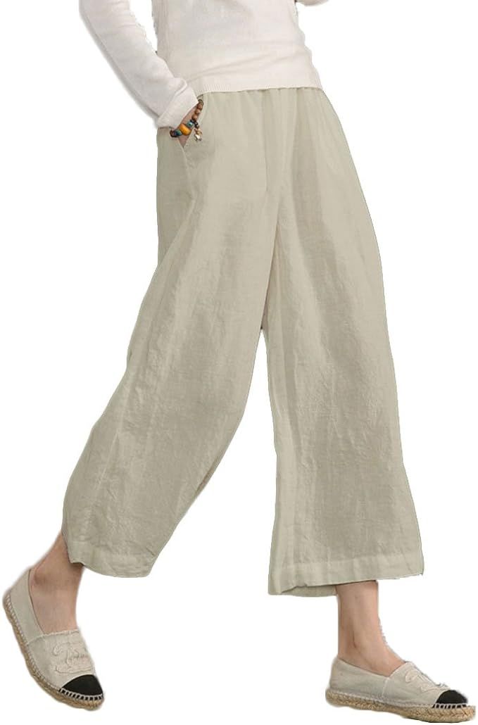 ECUPPER Womens Casual Loose Elastic Waist Cotton Trouser Cropped Wide Leg Pants | Amazon (US)