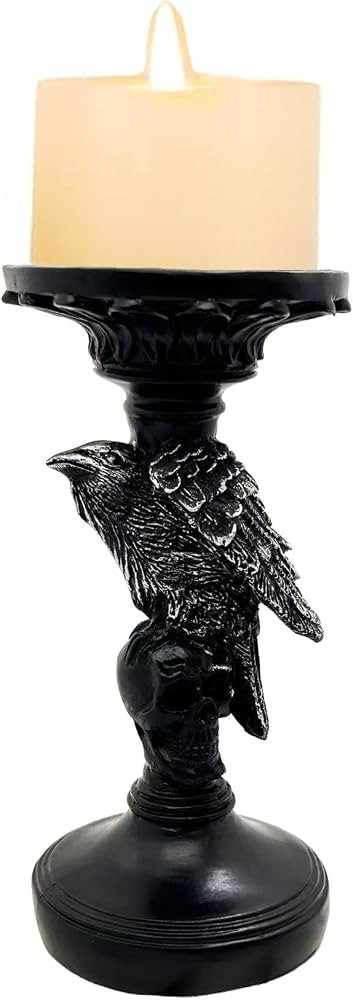 Skull Candlestick Holder for Halloween Decoration, Raven Skull Skeleton Spooky Decor Pillar Candl... | Amazon (US)