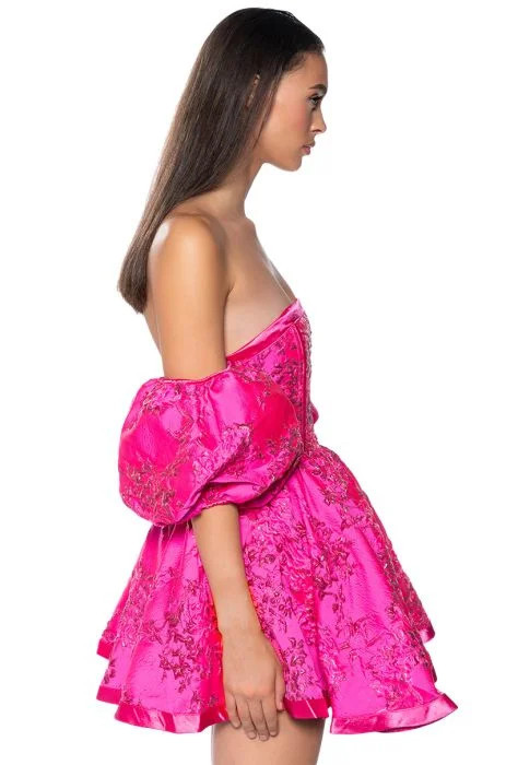 PRETTY IN PINK BROCADE MINI DRESS in pink | AKIRA