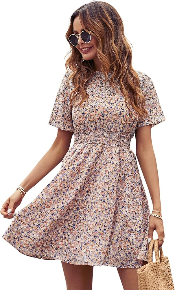 Floerns Women's Floral Print Mock Neck Long Sleeve A line Short Dress | Amazon (US)