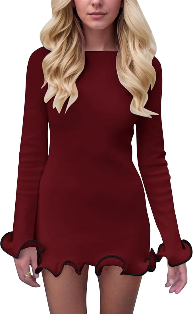 Women Long Sleeve Mini Dress Ruffle Casual Sexy Bodycon Dresses Fall Elegant Boat Neck Cute Going... | Amazon (US)
