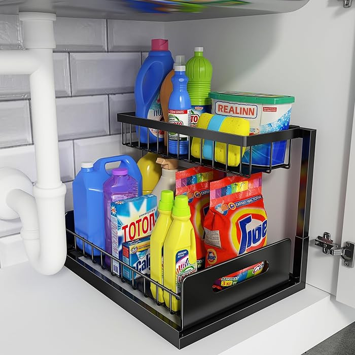 REALINN Under Sink Organizer, Pull Out Cabinet Storage 2 Tier Slide Out Sink Shelf, Kitchen Organ... | Amazon (US)