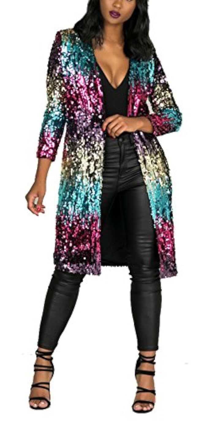Fashion Cluster Women's Autumn Cover Up Long Sleeve Sequins Metallic Open Front Cardigan Coat | Amazon (US)