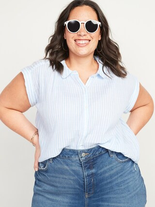 Oversized Textured-Stripe No-Peek Plus-Size Short-Sleeve Shirt | Old Navy (US)