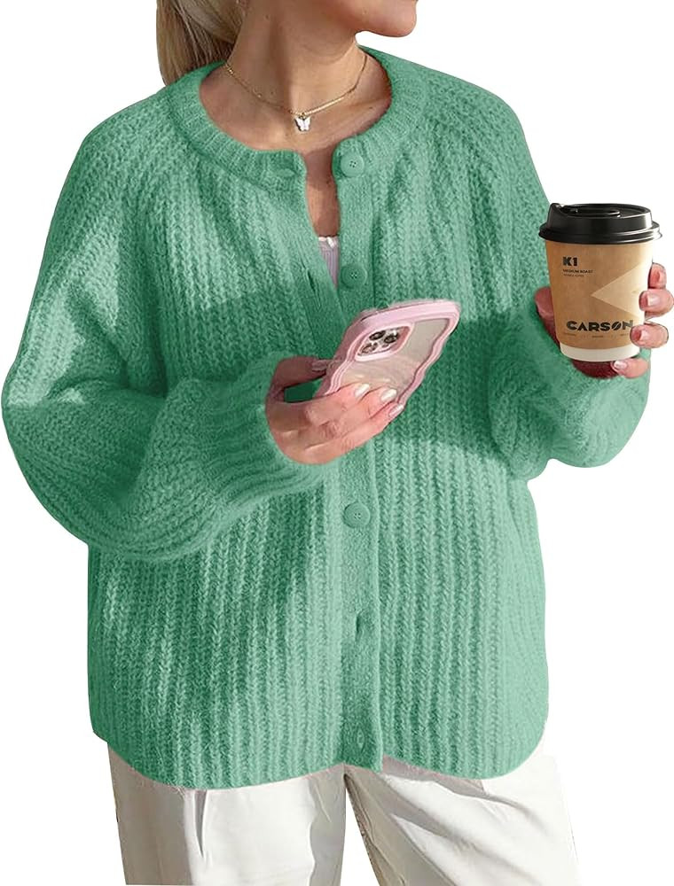 Women's Cardigan Sweaters Open Front Button Down Casual Long Sleeve Crewneck Chunky Knit Outwear | Amazon (CA)