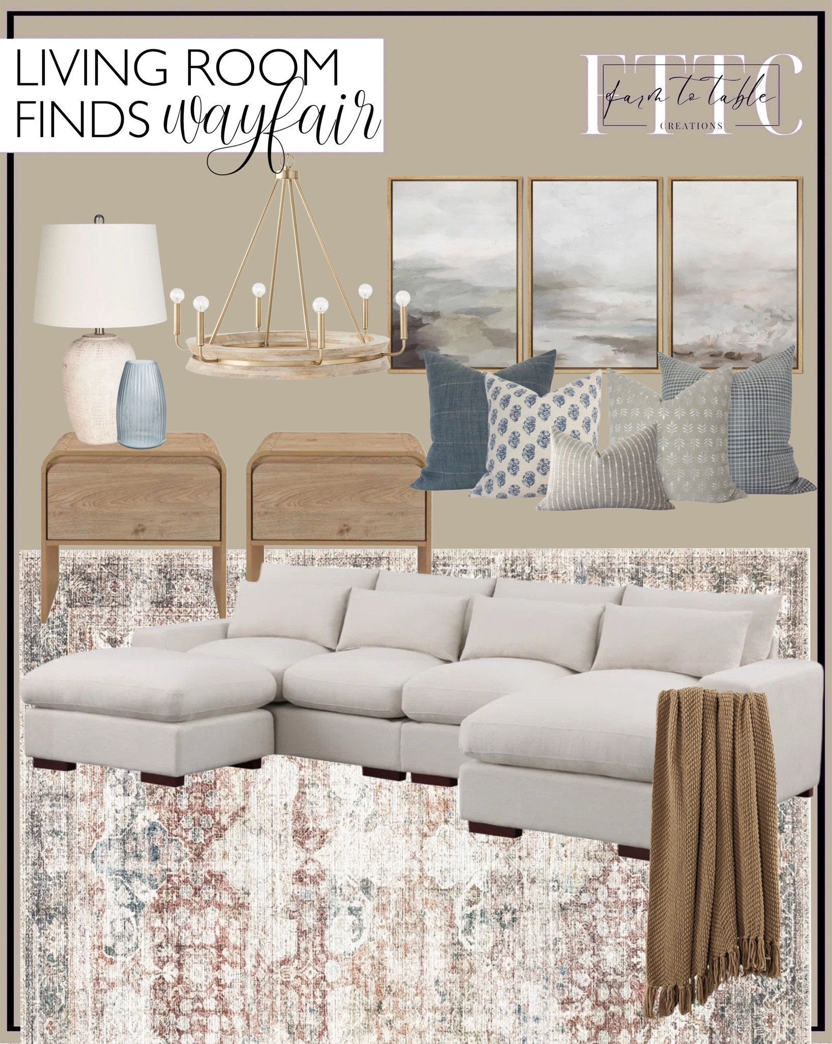 Wayfair Living Room Finds. Follow @farmtotablecreations on Instagram for more inspiration.

Rectangle Rokeisha Area Rug with Non-Slip Backing. Nyerere 123.24" Upholstered Sofa. Hellwig 2-Piece Set - 2 End Tables In Walnut (Set of 2). Textileish Pillow Combo. Ruebin Glass Table Vase. Brejon Ceramic Table Lamp. Tweed knitted throw blanket. Tisbury 6 - Light Dimmable Wagon Wheel Chandelier. Three piece landscape art.

Living Room | Dining Room | Dining Room Artwork | Bathroom Finds | Bedroom Finds | Bedroom Furniture | nightstands | Home Decor| Fireplace Decor | Spring Refresh |  Bedroom Finds | Neutral Stems | Spring Stems | Bookshelf Decor | Bedroom Space | Cozy Corner | Bathroom | Curated Entryway | Spring  Decor | End of Year Clearance | Trending Decor | Viral Decor  | Coffee Table Decor | Neutral Decor | Fall Stem Sale | Target Finds | Skinny Bench | Bedroom | Living Room | Breakfast Nook | Amazon Home | Target Sale | Loloi Rugs | Magnolia Home | console table | console table styling | faux stems | entryway space | front porch decor | neutral decor | entryway decor | cozy home | affordable decor |  home decor | home inspiration | console styling | entryway rug | cozy moody home | moody home decor | neutral home | bathroom decor | living room | spring decor | Hearth & Hand | Studio McGee | 2025 Home Trends | trending home | Crate&Barrel 




#LTKHome #LTKSaleAlert #LTKFindsUnder50