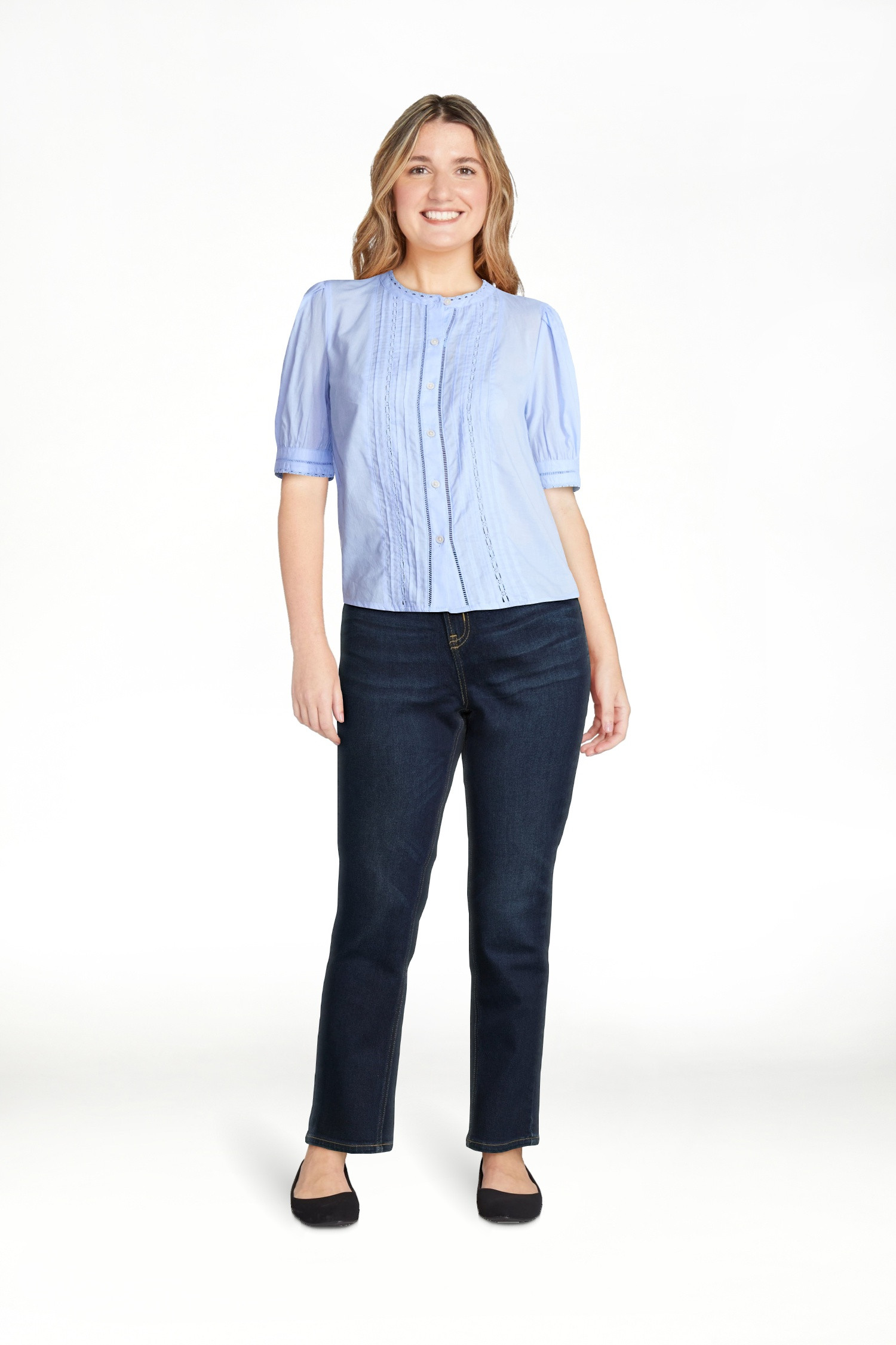 Time and Tru Women's and Women's Plus Cotton Lace Inset Blouse with Elbow Length Sleeves, Sizes X... | Walmart (US)