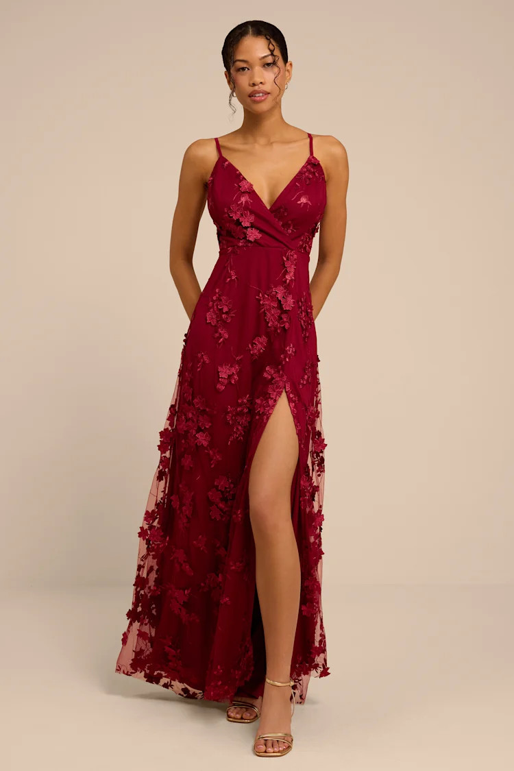 Rare Presence Burgundy 3D Floral Surplice Maxi Dress | Lulus