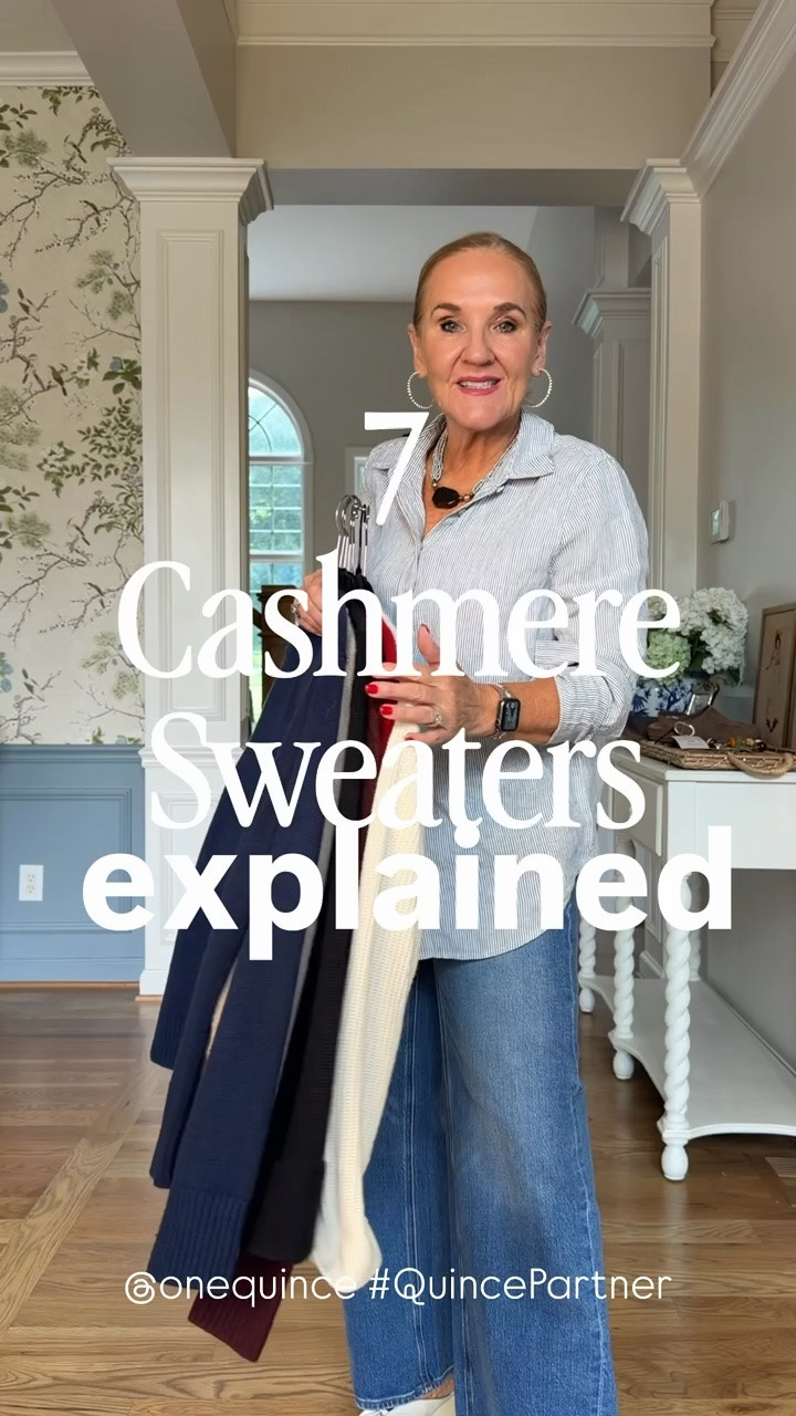 @quince #QuincePartner 
7 Cashmere sweaters explained
Whether you want a more structured tailored fit or a relaxed fit, a heavier cashmere or a lightweight option, Quince has it. Wearing medium in all except the Shrunken cableknit and v-knit, I sized up in those.
1-Structured cardigan the tightest knit, definitely feels more like a jacket. I did cuff back the bell sleeves and tack with a microstitch $159.90
2-Oversized Crewneck a medium weight cashmere more body than the lesser priced options, still oversized, crewneck has a substantial ribbing $119.90
3-Fisherman boxy cropped cardigan ribbed knit, medium weight, not that cropped $119.90
4-Shrunken cable crewneck I did size up to a large, not oversized, beautiful cable knit makes it more substantial but still not heavy $89.90
5-Boxy Crewneck has side slits, relaxed loose fit, perfect medium weight but a looser knit than the more expensive options $79.90
6-Boatneck cashmere, rolled neckline and hem, lightweight similar to $50 cashmere v-neck perfect to wear with skirts or over dresses, has an elegant feel to it. $79.90
7-V-Neck cashmere (also comes in a crewneck) I size up to a large, wears like a t-shirt, lightest weight sweater $50

#LTKOver40 #LTKSeasonal #LTKootd