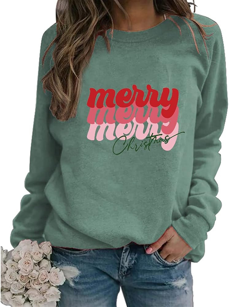 Womens Merry Christmas Sweatshirt Retro Letter Print Long Sleeve Crew Neck Xmas Pullover Tops | Amazon (US)