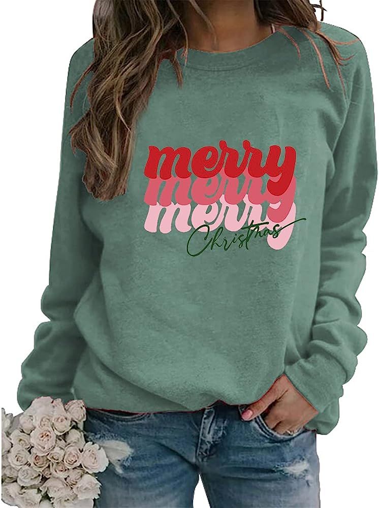 Womens Merry Christmas Sweatshirt Retro Letter Print Long Sleeve Crew Neck Xmas Pullover Tops | Amazon (US)