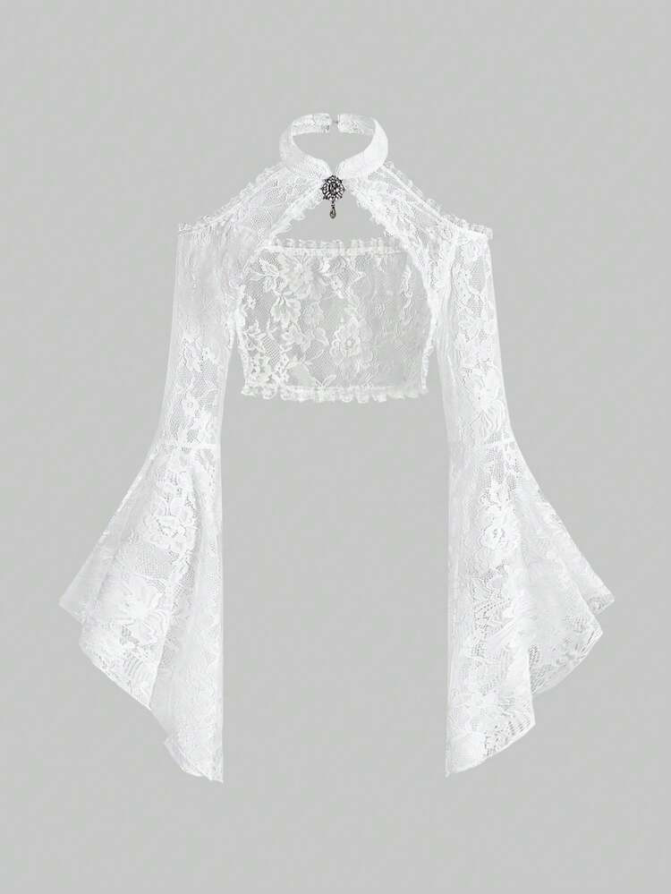 White Gothic Palace Style Flared Sleeve Sheer Lace Cropped Halter Top | SHEIN